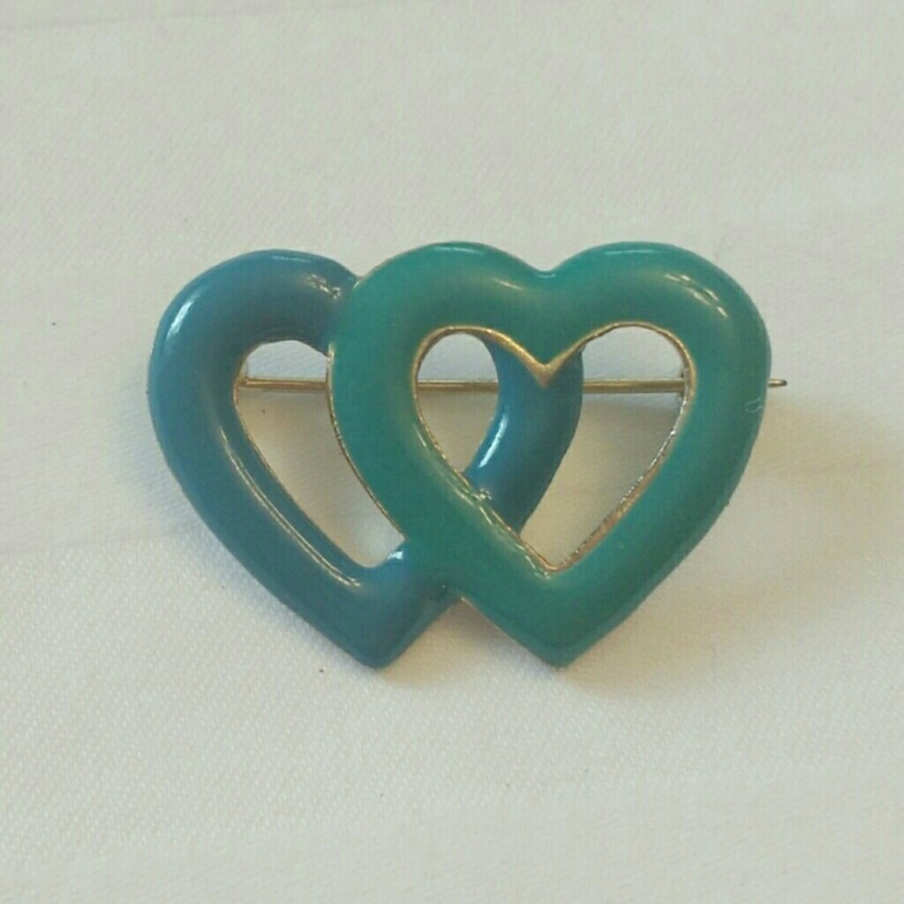 Double heart blue & teal pin with gold tone base